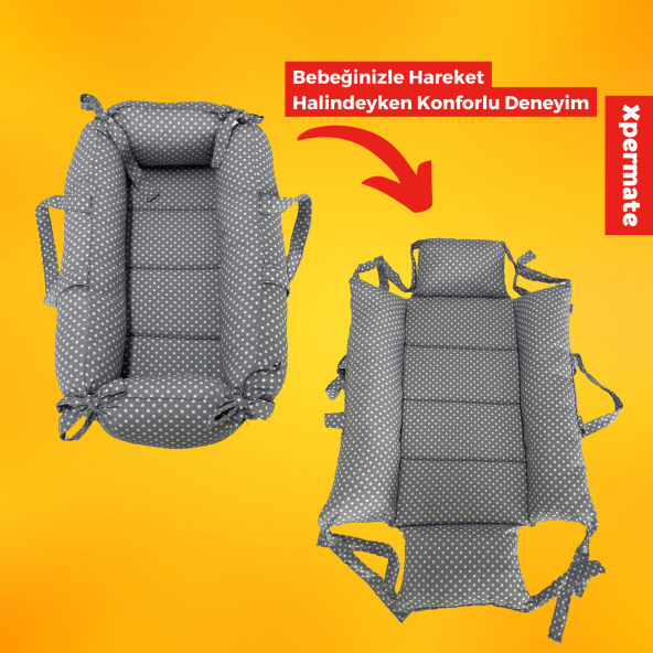 XPERMATE PORTBEBE ANA KUCAĞI,PUSET BEBEK TAŞIMA ÇANTASI KUNDAĞI 50X70 CM PUANTİYELİ GRİ - 2