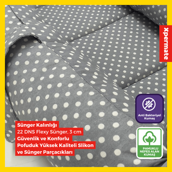 XPERMATE PORTBEBE ANA KUCAĞI,PUSET BEBEK TAŞIMA ÇANTASI KUNDAĞI 50X70 CM PUANTİYELİ GRİ - 5
