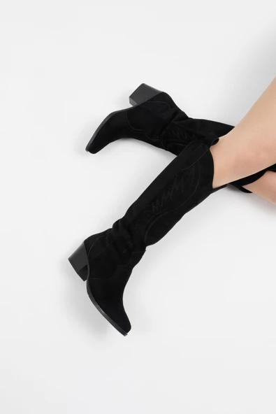 Kadın Kısa Topuklu Kovboy Çizme Süet Cowgirl Uzun Bot - 2