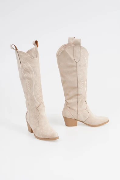 Kadın Kısa Topuklu Kovboy Çizme Süet Cowgirl Uzun Bot - 9