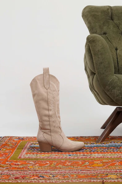 Kadın Kısa Topuklu Kovboy Çizme Süet Cowgirl Uzun Bot - 8