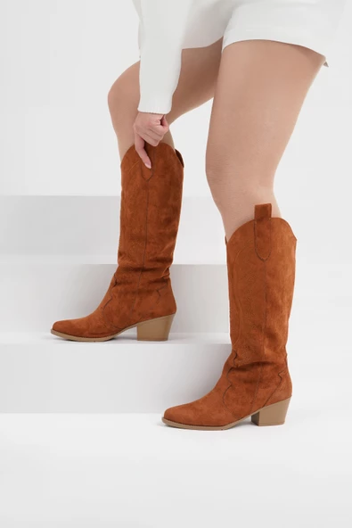 Kadın Kısa Topuklu Kovboy Çizme Süet Cowgirl Uzun Bot - 4