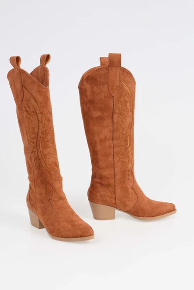 Kadın Kısa Topuklu Kovboy Çizme Süet Cowgirl Uzun Bot - 6