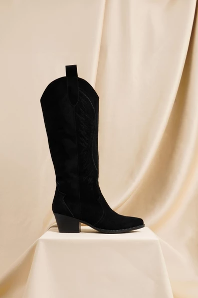 Kadın Kısa Topuklu Kovboy Çizme Süet Cowgirl Uzun Bot