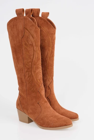 Kadın Kısa Topuklu Kovboy Çizme Süet Cowgirl Uzun Bot - 5