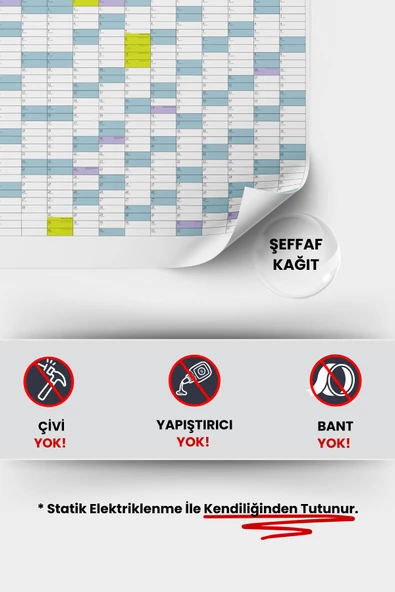 2025 Yıllık Takvim Planlayıcı Çizelgesi Yeri Değiştirilebilir, Statik Tutunan Pratik Akıllı Kağıt - Resim 3