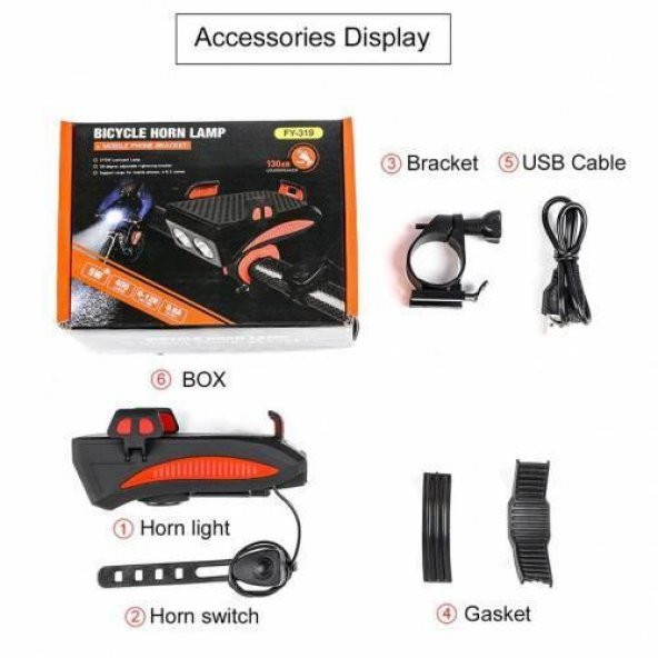 XBYC 6139 Bisiklet 400 Lümen Ön Far + Korna + Telefon Tutucu Powerbank Kırmızı - 5