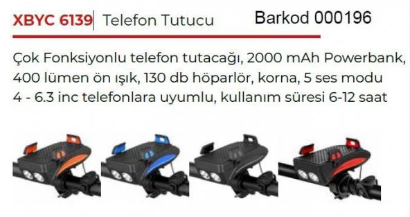 XBYC 6139 Bisiklet 400 Lümen Ön Far + Korna + Telefon Tutucu Powerbank Kırmızı - 7