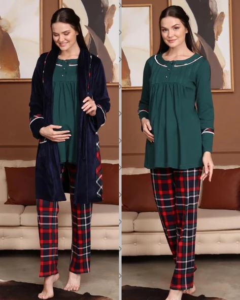 BirolGaye Bone Club 5710 Kadife Hamile Lohusa 3 Lü Pijama Sabahlık Tk