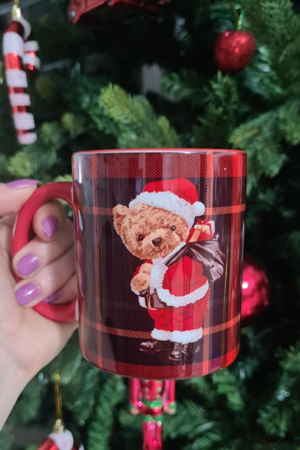 Teddy Bear Noel Baba Tasarım Yılbaşı Desenli Kırmızı Kupa Bardak
