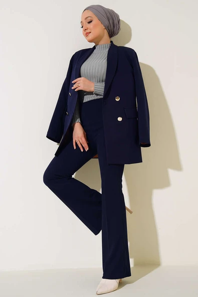 Yandan Fermuarlı İspanyol Paça Lacivert Pantolon - Resim 2