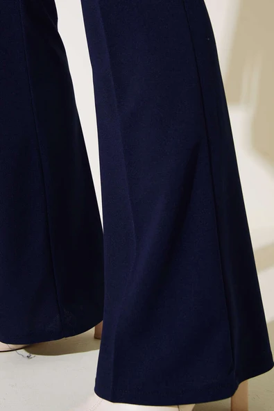 Yandan Fermuarlı İspanyol Paça Lacivert Pantolon - Resim 4