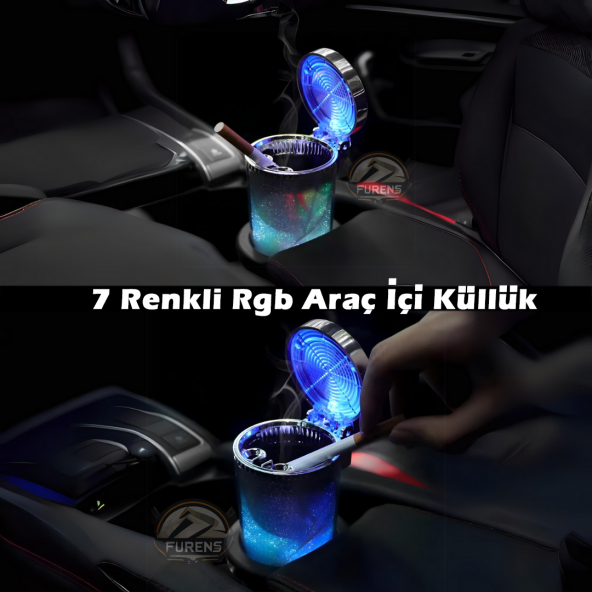 Araç Içi Küllük Led Işıklı 7 renkli Rgb Lüx Tip Kapaklı Araba Küllüğü - 2