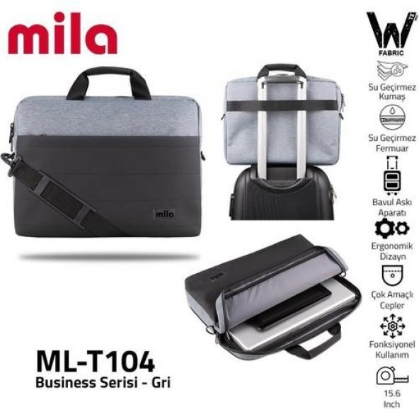 Mila ML-T104 Business Serisi 15.6 Su Geçirmez Kumaş Ve Fermuar Laptop Notebook El Çantası Gri