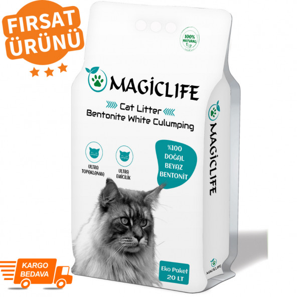 Magiclife 20 Lt Ince Tane Kokusuz Naturel Beyaz Bentonit Kedi Kumu