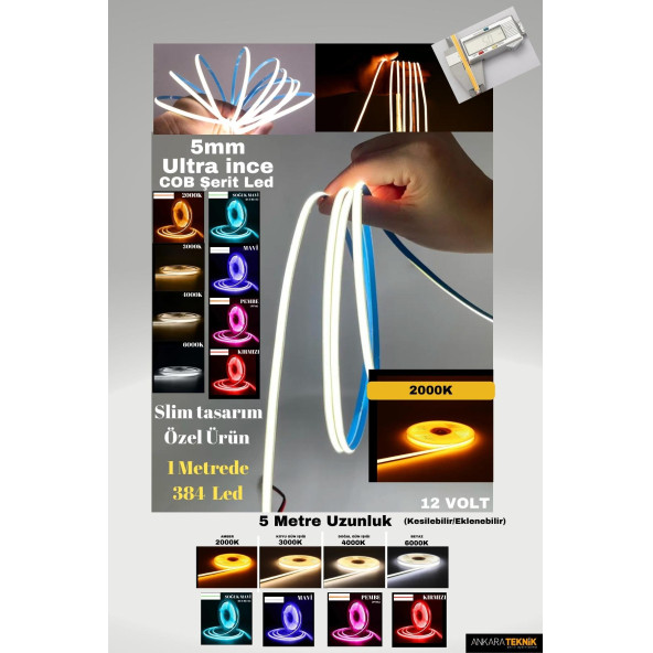 Ultra Ince 5mm. Kalınlık Cob Şerit LedNeon Gibi Yanar. 1 Metrede 384 Led