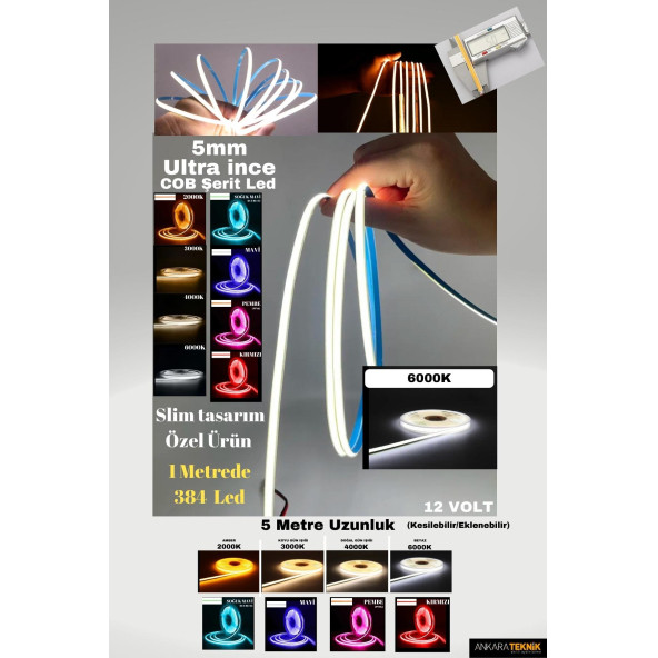 Ultra Ince 5mm. Kalınlık Cob Şerit LedNeon Gibi Yanar. 1 Metrede 384 Led - 2