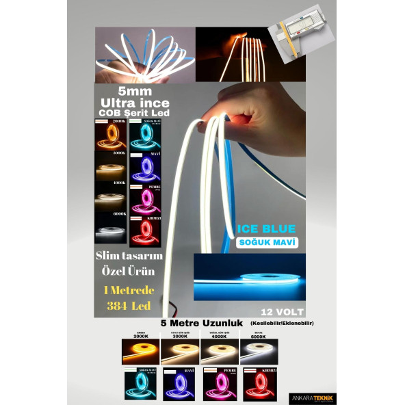 Ultra Ince 5mm. Kalınlık Cob Şerit LedNeon Gibi Yanar. 1 Metrede 384 Led - 3