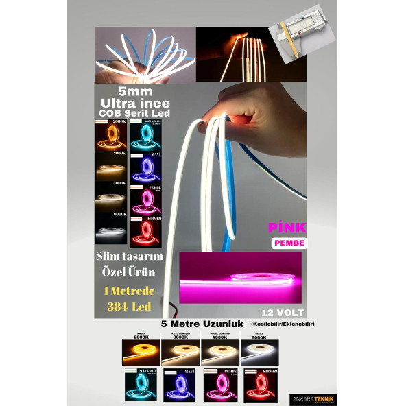 Ultra Ince 5mm. Kalınlık Cob Şerit LedNeon Gibi Yanar. 1 Metrede 384 Led - 5