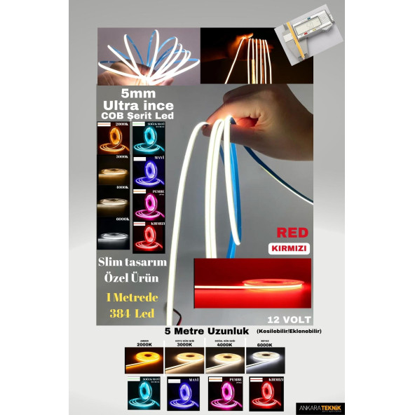 Ultra Ince 5mm. Kalınlık Cob Şerit LedNeon Gibi Yanar. 1 Metrede 384 Led - 6
