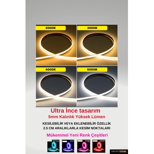 Ultra Ince 5mm. Kalınlık Cob Şerit LedNeon Gibi Yanar. 1 Metrede 384 Led - 7
