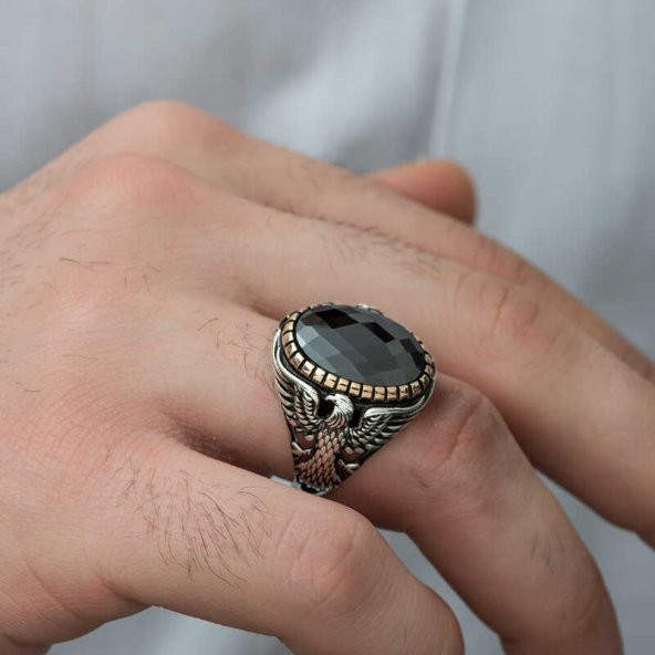 Gümüş Kesme Taşlı Kartal Figürlü Erkek Yüzük  SL3595 - Resim 4