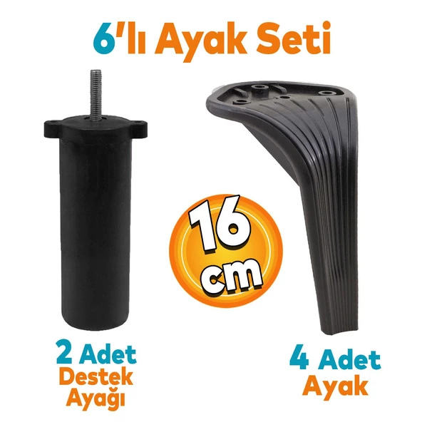 Lotus 6'lı Set Mobilya Tv Ünitesi Çekyat Koltuk Kanepe Destek Ayağı 16 Cm Siyah Ayakları M8 Civatalı