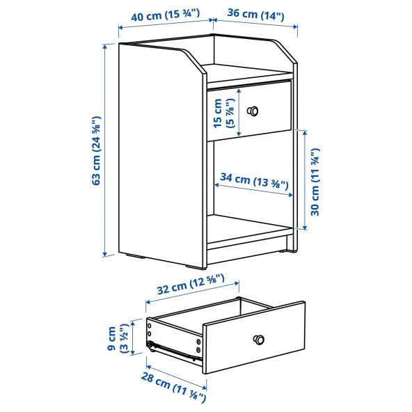 Komodin, Beyaz Renk MeridyenDukkan 40x36 cm 1 Adet Çekmece-2 Adet Açık Depolama Alanı Yatak Odası Mobilyası - 4