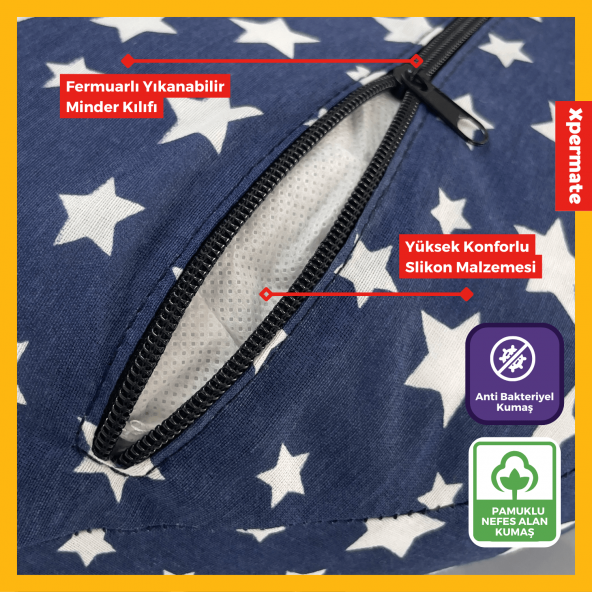 XPERMATE Bebek Emzirme Yastığı Bebek Destek Minderi Fermuarlı Yıkanabilir Kılıf 55x60x14 Yıldızlı Lacivert - 3