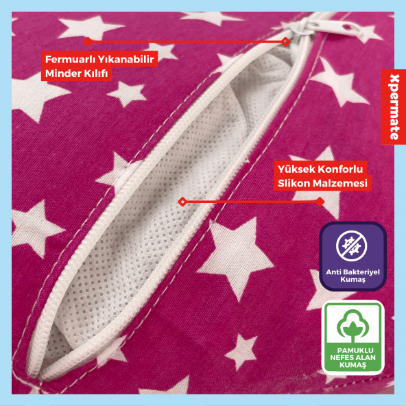 XPERMATE Bebek Emzirme Yastığı Bebek Destek Minderi Fermuarlı Yıkanabilir Kılıf 55x60x14 Yıldızlı Pembe - 3