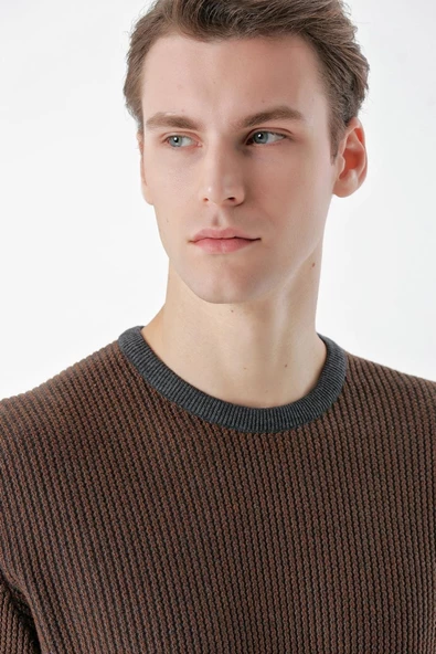 Slimfit Bisiklet Yaka Örgü Desenli Pamuklu Erkek Triko Kazak - 5