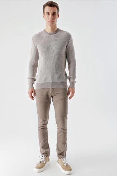 Slimfit Bisiklet Yaka Örgü Desenli Pamuklu Erkek Triko Kazak - 9