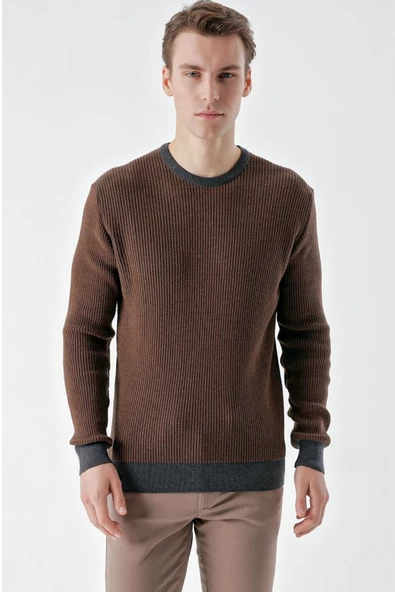 Slimfit Bisiklet Yaka Örgü Desenli Pamuklu Erkek Triko Kazak - 2