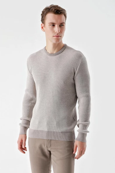 Slimfit Bisiklet Yaka Örgü Desenli Pamuklu Erkek Triko Kazak - 7