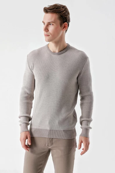 Slimfit Bisiklet Yaka Örgü Desenli Pamuklu Erkek Triko Kazak - 8