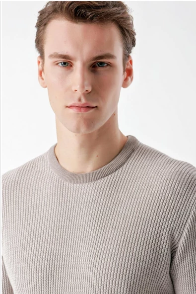 Slimfit Bisiklet Yaka Örgü Desenli Pamuklu Erkek Triko Kazak - 11