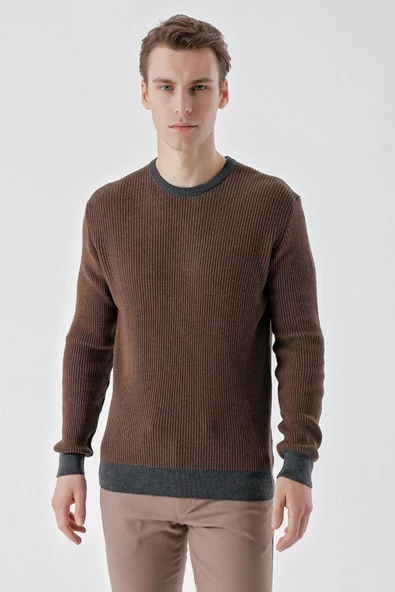 Slimfit Bisiklet Yaka Örgü Desenli Pamuklu Erkek Triko Kazak - 4