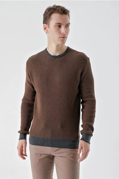 Slimfit Bisiklet Yaka Örgü Desenli Pamuklu Erkek Triko Kazak - 3