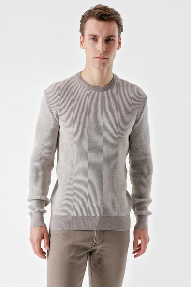 Slimfit Bisiklet Yaka Örgü Desenli Pamuklu Erkek Triko Kazak - 10