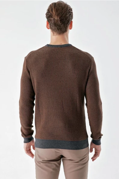 Slimfit Bisiklet Yaka Örgü Desenli Pamuklu Erkek Triko Kazak - 6