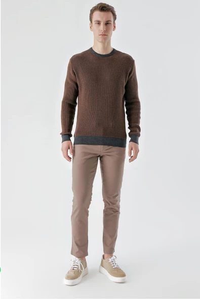 Slimfit Bisiklet Yaka Örgü Desenli Pamuklu Erkek Triko Kazak