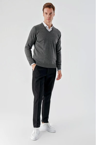 Slimfit V Yaka Düz Basic Model Pamuklu Erkek Uzun Kol Triko Kazak - 7