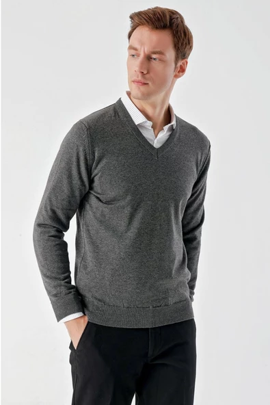 Slimfit V Yaka Düz Basic Model Pamuklu Erkek Uzun Kol Triko Kazak - 8