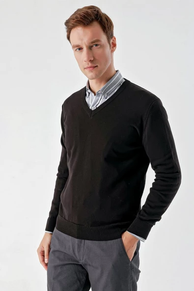 Slimfit V Yaka Düz Basic Model Pamuklu Erkek Uzun Kol Triko Kazak - 3