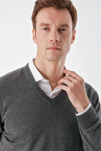 Slimfit V Yaka Düz Basic Model Pamuklu Erkek Uzun Kol Triko Kazak - 11