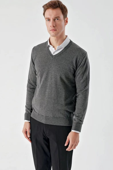 Slimfit V Yaka Düz Basic Model Pamuklu Erkek Uzun Kol Triko Kazak - 9