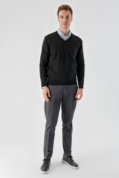 Slimfit V Yaka Düz Basic Model Pamuklu Erkek Uzun Kol Triko Kazak - 5