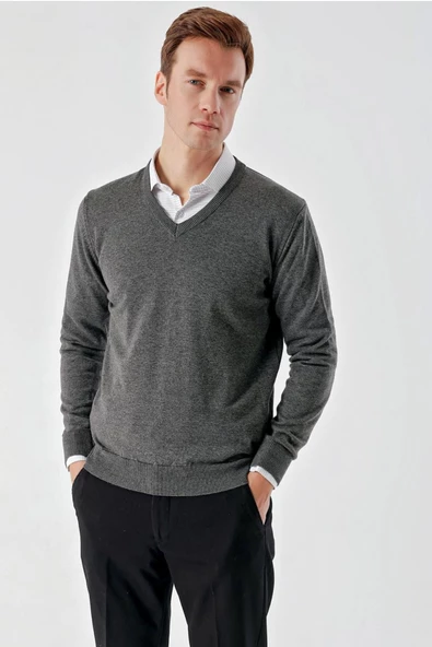 Slimfit V Yaka Düz Basic Model Pamuklu Erkek Uzun Kol Triko Kazak - 10