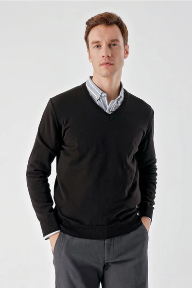 Slimfit V Yaka Düz Basic Model Pamuklu Erkek Uzun Kol Triko Kazak - 2