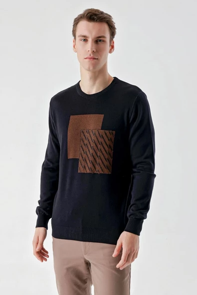 Slimfit Bisiklet Yaka Önü Desenli Pamuklu Erkek Triko Kazak - 8